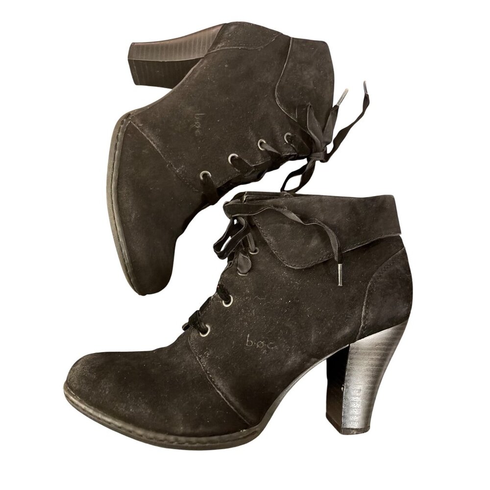 Black Lace-Up Heeled Ankle Suede Boots By B.O.C. Womens Size 8